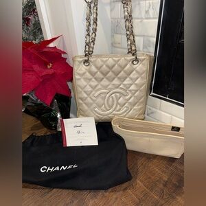 CHANEL Quilted Petite Timeless Shopping Tote PST metallic gold silver hardware